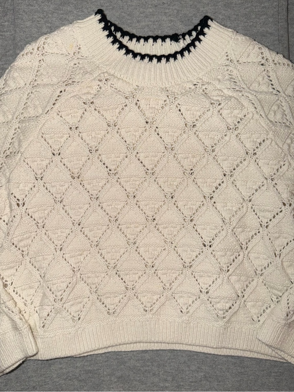 Zara Girls Cream Pointelle Crew Sweater with Black Contrast Neck